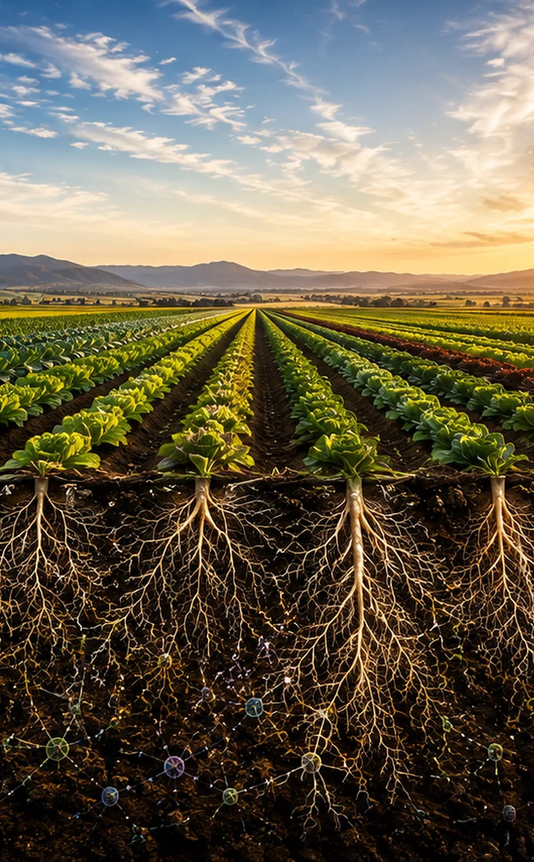A multi-crop field at sunrise shown in cross-section, with multiple root systems and rhizosphere biology below the soil line.